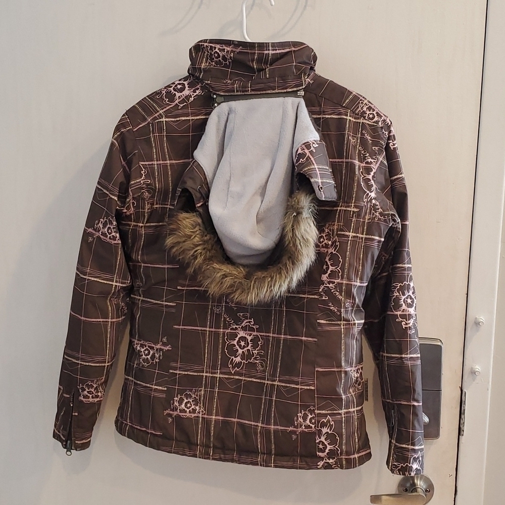 Turbine Brown and Pink Plaid / Floral Girls Snowboard Ski Winter Jacket S - Picture 7 of 7